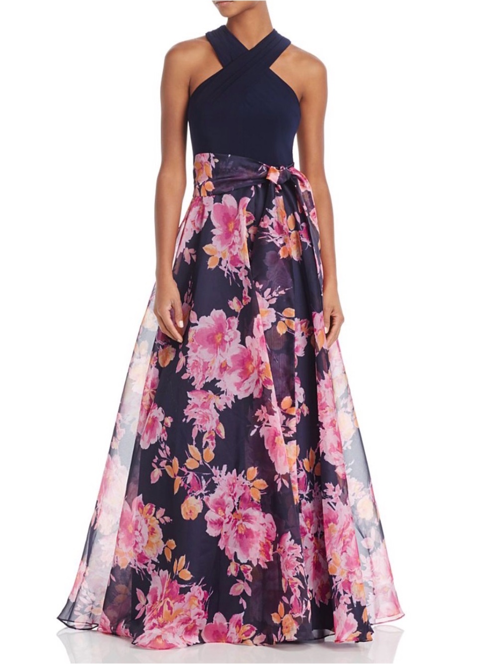 Eliza J Navy Halter Maxi Dress with Pink & Peach Floral Skirt